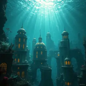 A hauntingly beautiful underwater city, sunlight filtering through the rippling surface above, bioluminescent flora and fauna illuminating the art deco architecture, the faint hum of unseen machinery echoing through the water, ethereal and eerie