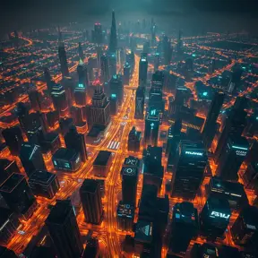 Aerial view of a sprawling cyberpunk city at night, glowing grid patterns of streets and buildings, flying vehicles weaving through the cityscape, holographic projections illuminating the sky, a sense of scale and technological advancement, futuristic architecture, 8k resolution