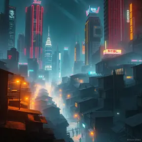 A sprawling shantytown built precariously on the edges of a towering, neon-drenched megacity, the chasm between rich and poor starkly illuminated by flickering streetlights and the glow of advanced technology, digital art