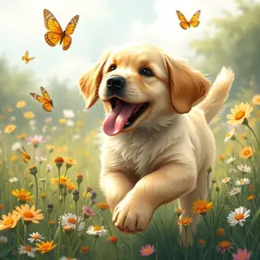 A playful golden retriever puppy with its tongue out, chasing butterflies in a field of wildflowers, whimsical, storybook illustration