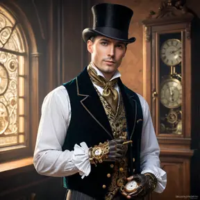 An elegant Victorian gentleman with a finely crafted prosthetic arm made of polished brass and copper. He holds a pocket watch that displays intricate gears instead of numbers. Dressed in a velvet waistcoat and cravat, a top hat casting a shadow over his piercing gaze. Steampunk, cinematic lighting, Art Deco elements.