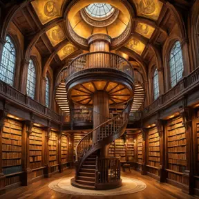 A solitary, ancient library carved into the heart of a giant sequoia tree, bathed in warm, golden light. Shelves overflow with ancient tomes bound in leather and illuminated manuscripts. A spiral staircase winds upwards, disappearing into the shadows of the treetop.