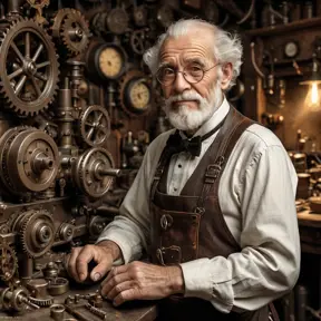 A grizzled old inventor in a dimly lit workshop, surrounded by gears, cogs, and strange contraptions. He wears a monocle and a leather apron, his hands stained with oil and grime. A mischievous glint in his eye, a half-finished automaton in the background. Steampunk, sepia tones, Rembrandt lighting.