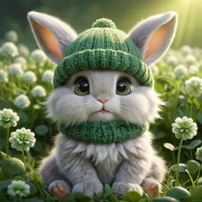 A fluffy baby bunny with big eyes, wearing a tiny knitted hat, sitting in a field of clovers, soft lighting, adorable, cute, pixar style