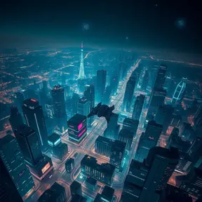 Aerial view of a sprawling cyberpunk city at night, glowing grid patterns of streets and buildings, flying vehicles weaving through the cityscape, holographic projections illuminating the sky, a sense of scale and technological advancement, futuristic architecture, 8k resolution