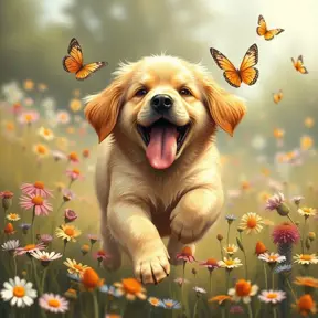 A playful golden retriever puppy with its tongue out, chasing butterflies in a field of wildflowers, whimsical, storybook illustration