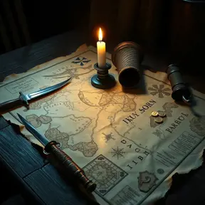 A treasure map spread out on a table lit by a single flickering candle, surrounded by pirate paraphernalia - cutlass, compass, spyglass, and gold coins, highly detailed, realistic