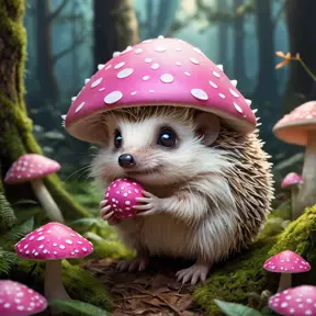 A tiny hedgehog with big eyes and a curious expression, sniffing a pink mushroom in a magical forest, fantasy art, glowing mushrooms