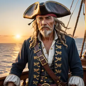 A weathered pirate captain with a gleaming gold tooth, eyepatch, and tricorn hat, standing on the deck of his ship at sunset, rendered in a hyperrealistic style