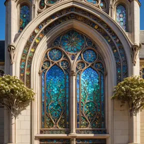 An intricate Art Nouveau cathedral facade, adorned with iridescent stained glass mosaics depicting celestial scenes, framed by organic lines of sculpted bronze vines and blossoms. Soft sunlight streams through, casting a kaleidoscope of colors within.