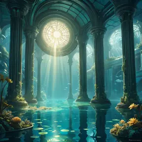 A hauntingly beautiful underwater city, sunlight filtering through the rippling surface above, bioluminescent flora and fauna illuminating the art deco architecture, the faint hum of unseen machinery echoing through the water, ethereal and eerie