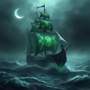 A ghost ship, sails tattered and glowing with eerie green light, sailing through a stormy sea under a crescent moon, digital art, fantasy, ominous