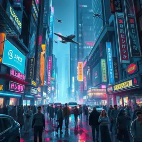 A cyberpunk street bustling with life, neon signs reflecting off puddles, flying vehicles zipping through towering skyscrapers, crowds of people with augmented limbs and holographic projections, a sense of gritty realism and vibrant chaos, trending on artstation, intricate details