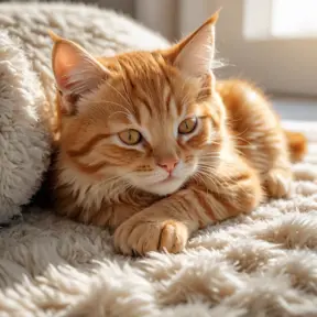 A sleepy orange tabby kitten curled up in a warm sunbeam on a fluffy rug, hyperrealistic, 8k, award-winning photography