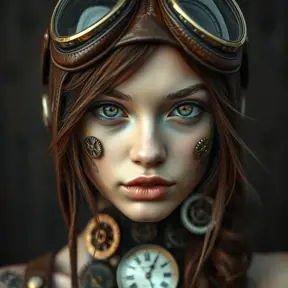 A portrait of a young woman with intricate clockwork gears embedded in her skin, her eyes glowing with a soft, ethereal light. She wears a leather aviator hat and goggles, her expression a mix of curiosity and determination. Steampunk aesthetic, highly detailed, vintage photography style.