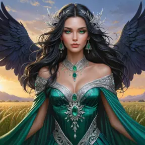 A stunning sorceress with emerald eyes, flowing raven hair interwoven with silver ornaments, clad in flowing silks that shift between the colors of a twilight sky, standing amidst a field of enchanted crystals, fantasy art