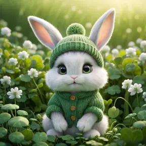 A fluffy baby bunny with big eyes, wearing a tiny knitted hat, sitting in a field of clovers, soft lighting, adorable, cute, pixar style