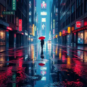 Cyberpunk street after the rain, reflections of neon lights on the wet pavement, puddles acting like mirrors to the city above, a lone figure walking away with a red umbrella, a sense of melancholy and beauty, cinematic composition, hyperrealistic