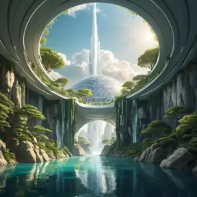 Inside a vast, crystalline dome, a utopian city thrives on a terraformed asteroid, featuring verdant parks, crystalline waterfalls cascading from floating islands, and sleek, white, futuristic architecture, all bathed in the soft, golden light of an artificial sun.