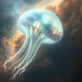 An immense, bioluminescent, jellyfish-like alien spacecraft, its translucent bell shimmering with ethereal light, trailing long, glowing tendrils as it navigates through a swirling nebula.