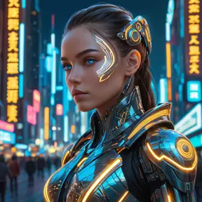 A stoic cyborg warrior, with intricate, glowing circuitry woven beneath their synthetic skin, stands amidst a futuristic cityscape, their augmented eyes reflecting the neon lights and holographic displays.