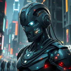 A stoic cyborg warrior, with intricate, glowing circuitry woven beneath their synthetic skin, stands amidst a futuristic cityscape, their augmented eyes reflecting the neon lights and holographic displays.