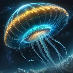 An immense, bioluminescent, jellyfish-like alien spacecraft, its translucent bell shimmering with ethereal light, trailing long, glowing tendrils as it navigates through a swirling nebula.