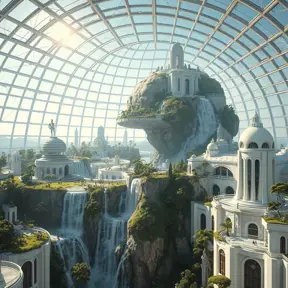 Inside a vast, crystalline dome, a utopian city thrives on a terraformed asteroid, featuring verdant parks, crystalline waterfalls cascading from floating islands, and sleek, white, futuristic architecture, all bathed in the soft, golden light of an artificial sun.