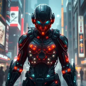 A stoic cyborg warrior, with intricate, glowing circuitry woven beneath their synthetic skin, stands amidst a futuristic cityscape, their augmented eyes reflecting the neon lights and holographic displays.