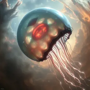 An immense, bioluminescent, jellyfish-like alien spacecraft, its translucent bell shimmering with ethereal light, trailing long, glowing tendrils as it navigates through a swirling nebula.