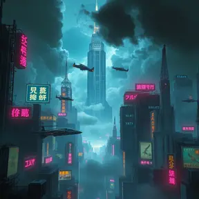 A cyberpunk cityscape on a distant planet, illuminated by neon signs in an alien language, with flying vehicles weaving between towering skyscrapers that pierce the cloudy atmosphere, rendered in a gritty, hyperrealistic style.