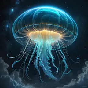 An immense, bioluminescent, jellyfish-like alien spacecraft, its translucent bell shimmering with ethereal light, trailing long, glowing tendrils as it navigates through a swirling nebula.