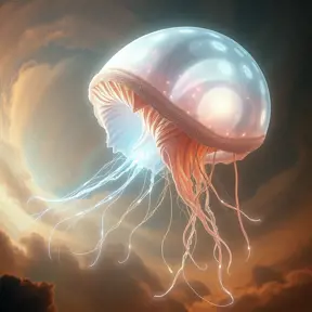 An immense, bioluminescent, jellyfish-like alien spacecraft, its translucent bell shimmering with ethereal light, trailing long, glowing tendrils as it navigates through a swirling nebula.