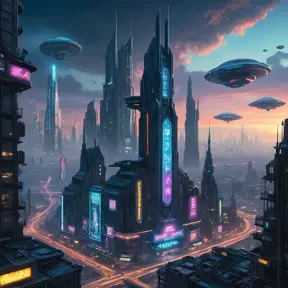 A cyberpunk cityscape on a distant planet, illuminated by neon signs in an alien language, with flying vehicles weaving between towering skyscrapers that pierce the cloudy atmosphere, rendered in a gritty, hyperrealistic style.