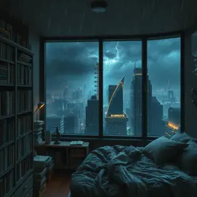 beautiful cozy, tiny, cramped bedroom with floor to ceiling glass windows overlooking a cyberpunk city at night, bookshelves, thunderstorm outside with torrential rain, detailed, high resolution, photorrealistic, dark, gloomy, moody aesthetic