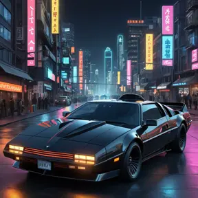 Futuristic KITT from Knight Rider in a cyberpunk city at night, an advanced, artificially intelligent, self-aware, and nearly indestructible car