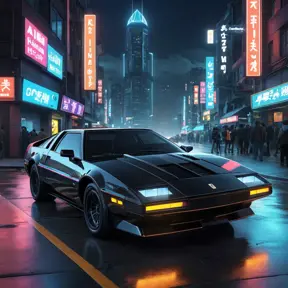 Futuristic KITT from Knight Rider in a cyberpunk city at night, an advanced, artificially intelligent, self-aware, and nearly indestructible car