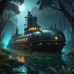 Beached steampunk submarine shipwreck in swamp,  dark atmosphere, night, mijn, highly detailed, digital painting, artstation, concept art, smooth, sharp focus, illustration, art by artgerm and greg rutkowski and alphonse mucha, erte, 8 k