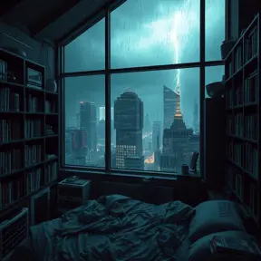 beautiful cozy, tiny, cramped bedroom with floor to ceiling glass windows overlooking a cyberpunk city at night, bookshelves, thunderstorm outside with torrential rain, detailed, high resolution, photorrealistic, dark, gloomy, moody aesthetic