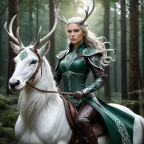 A fierce huntress of the Wild Hunt, adorned in leather armor with intricate Celtic knotwork, emerald eyes glowing with an ethereal light, riding a majestic white stag through a moonlit forest, ethereal, powerful, beautiful, art nouveau style