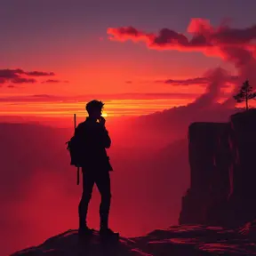 Two figures silhouetted against a fiery sunset, standing on a rocky cliff overlooking a vast valley, their walkie-talkies crackling with static, the scent of pine and smoke filling the air, Firewatch inspired, emotional, story-driven