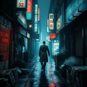 A lone figure in a trench coat walks down a narrow, trash-filled alleyway, bathed in the artificial glow of holographic advertisements, steam billowing from street vendors, rain pouring relentlessly, Blade Runner aesthetic, film noir lighting, sense of unease