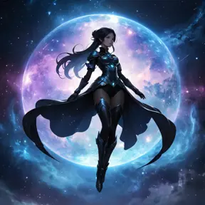 Silhouette of cosmic sorceress, nebula armor, suspended in air, nebula-filled backdrop