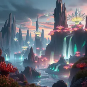 A surreal alien landscape with towering crystalline formations, glowing flora illuminating the twilight sky, waterfalls cascading into shimmering, iridescent lakes, bioluminescent creatures flying through the air, dreamlike and ethereal, 8k resolution, Unreal Engine 5