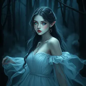 An ethereal vampire maiden with a delicate yet captivating beauty, pale blue eyes that shimmer like sapphires, wearing a flowing white dress that evokes the moonlight, surrounded by mist in a dark forest, art nouveau style, soft lighting, dreamlike atmosphere