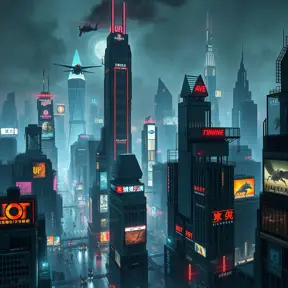 A sprawling dystopian cityscape at night, towering neon skyscrapers pierce a polluted sky, flying vehicles navigate a labyrinth of illuminated advertising, rain-slicked streets reflecting a kaleidoscope of light, Blade Runner style, cyberpunk, dark and gritty