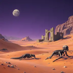 A desert planet with colossal, ancient ruins half-buried in the sand dunes, giant skeletons of unknown creatures scattered across the landscape, two moons casting long shadows in the purple sky, sense of mystery and wonder, matte painting style, by Thomas Cole and Caspar David Friedrich