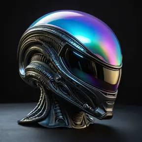 alien helmet with iridescent reflection. Dark background