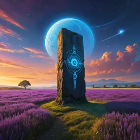 An abandoned alien monolith standing amidst a field of glowing blue grass, strange symbols etched into its surface, a ringed planet dominating the sky, purple and orange hues blend in the atmosphere, No Man's Sky style, mysterious and evocative