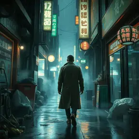 A lone figure in a trench coat walks down a narrow, trash-filled alleyway, bathed in the artificial glow of holographic advertisements, steam billowing from street vendors, rain pouring relentlessly, Blade Runner aesthetic, film noir lighting, sense of unease